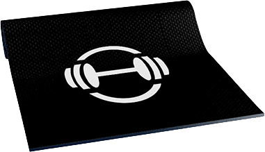 A black yoga mat with a white ABC Fitness Studio logo on it